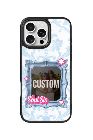 Flat lay view of personalized bestie blue vintage frame Photo design on custom iPhone 16 Pro Max case by MultiCustomize