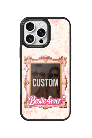 Flat lay view of personalized bestie coquette frame Photo design on custom iPhone 16 Pro Max case by MultiCustomize