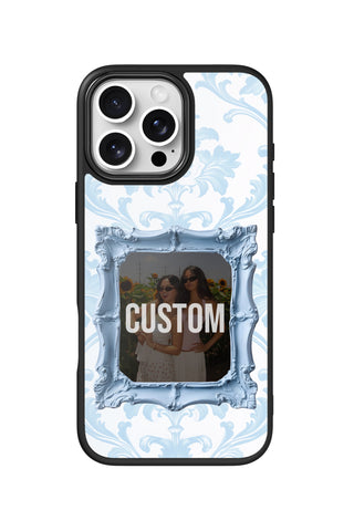 Flat lay view of personalized blue vintage frame Photo design on custom iPhone 16 Pro Max case by MultiCustomize