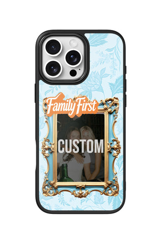 Flat lay view of personalized family sky blue vintage frame Photo design on custom iPhone 16 Pro Max case by MultiCustomize