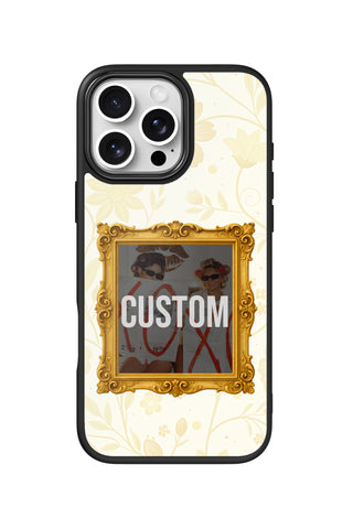 Flat lay view of personalized gold vintage frame Photo design on custom iPhone 16 Pro Max case by MultiCustomize