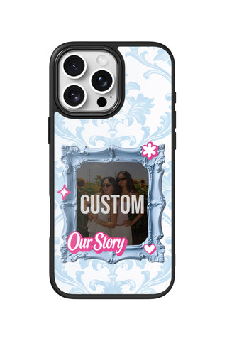 Flat lay view of personalized lover blue vintage frame Photo design on custom iPhone 16 Pro Max case by MultiCustomize