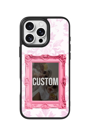Flat lay view of personalized rose vintage frame Photo design on custom iPhone 16 Pro Max case by MultiCustomize
