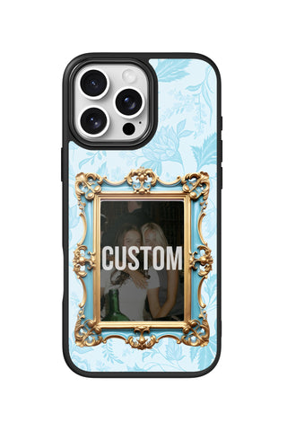 Flat lay view of personalized sky blue vintage frame Photo design on custom iPhone 16 Pro Max case by MultiCustomize
