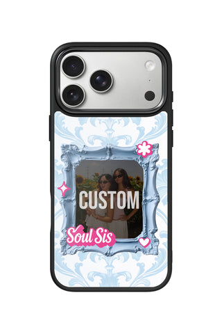 Flat lay view of personalized bestie blue vintage frame Photo design on custom iPhone 17 Pro Max case by MultiCustomize