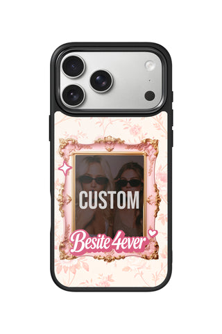 Flat lay view of personalized bestie coquette frame Photo design on custom iPhone 17 Pro Max case by MultiCustomize