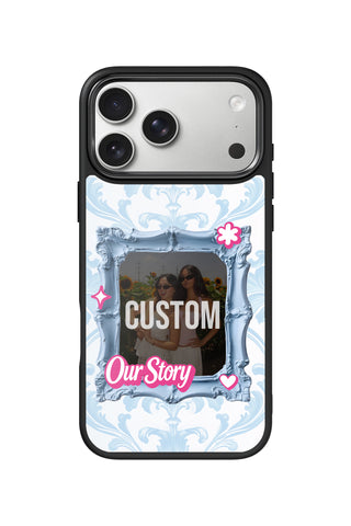 Flat lay view of personalized lover blue vintage frame Photo design on custom iPhone 17 Pro Max case by MultiCustomize