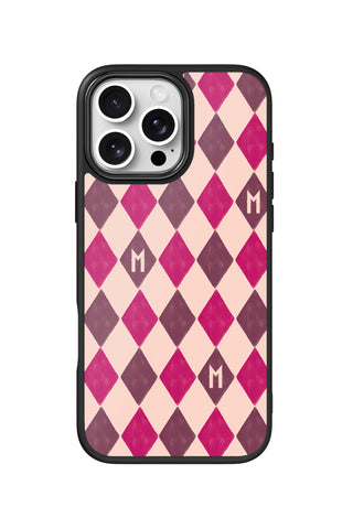 Flat lay view of personalized berry argyle initial design on custom iPhone 16 Pro Max case by MultiCustomize