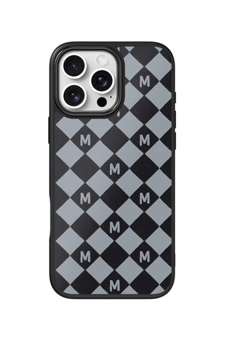 Flat lay view of personalized gray argyle initial design on custom iPhone 16 Pro Max case by MultiCustomize
