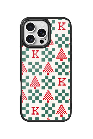 Flat lay view of personalized holiday check initial design on custom iPhone 16 Pro Max case by MultiCustomize