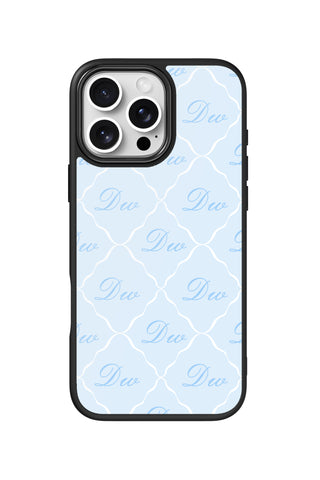 Flat lay view of personalized blue lattice initials design on custom iPhone 16 Pro Max case by MultiCustomize
