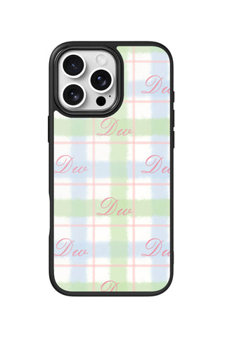 Flat lay view of personalized pastel watercolor plaid initials design on custom iPhone 16 Pro Max case by MultiCustomize