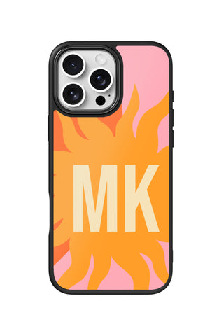 Flat lay view of personalized sunset aesthetic initials design on custom iPhone 16 Pro Max case by MultiCustomize