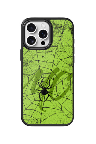 Flat lay view of personalized acid spider monogram design on custom iPhone 16 Pro Max case by MultiCustomize