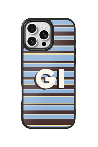 Flat lay view of personalized blue brown preppy stripe monogram design on custom iPhone 16 Pro Max case by MultiCustomize