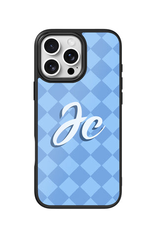 Flat lay view of personalized blue diamonds monogram design on custom iPhone 16 Pro Max case by MultiCustomize