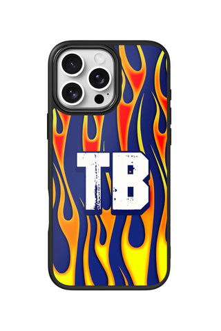 Flat lay view of personalized blue inferno monogram design on custom iPhone 16 Pro Max case by MultiCustomize