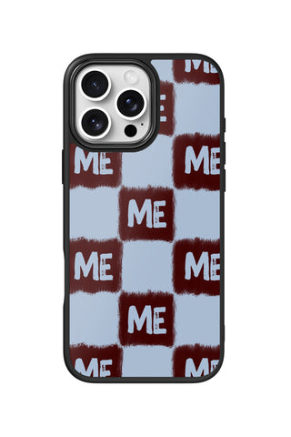 Flat lay view of personalized bold cherry grid monogram design on custom iPhone 16 Pro Max case by MultiCustomize