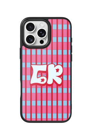 Flat lay view of personalized bubblegum grid monogram design on custom iPhone 16 Pro Max case by MultiCustomize