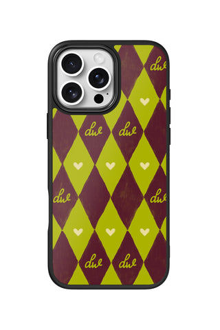 Flat lay view of personalized burgundy argyle diamonds monogram design on custom iPhone 16 Pro Max case by MultiCustomize