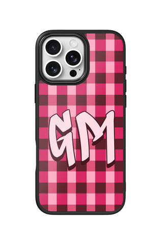 Flat lay view of personalized candy gingham monogram design on custom iPhone 16 Pro Max case by MultiCustomize