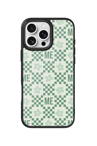Flat lay view of personalized checker bloom monogram design on custom iPhone 16 Pro Max case by MultiCustomize