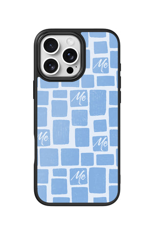 Flat lay view of personalized chilly blue bricks monogram design on custom iPhone 16 Pro Max case by MultiCustomize