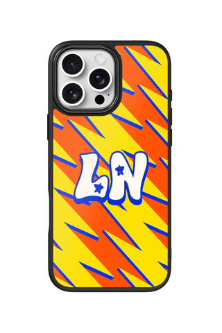 Flat lay view of personalized citrus voltage monogram design on custom iPhone 16 Pro Max case by MultiCustomize