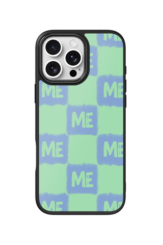 Flat lay view of personalized cool mint grid monogram design on custom iPhone 16 Pro Max case by MultiCustomize