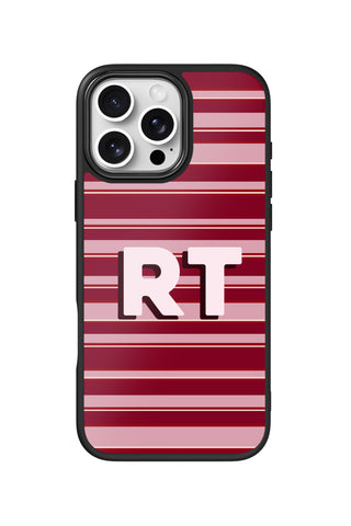 Flat lay view of personalized coquette burgundy stripe monogram design on custom iPhone 16 Pro Max case by MultiCustomize