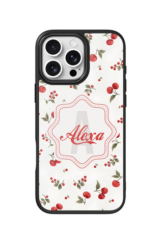 Flat lay view of personalized coquette cherry girl monogram design on custom iPhone 16 Pro Max case by MultiCustomize