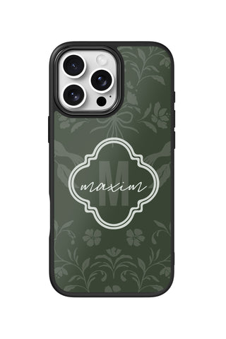 Flat lay view of personalized forest aesthetic monogram design on custom iPhone 16 Pro Max case by MultiCustomize