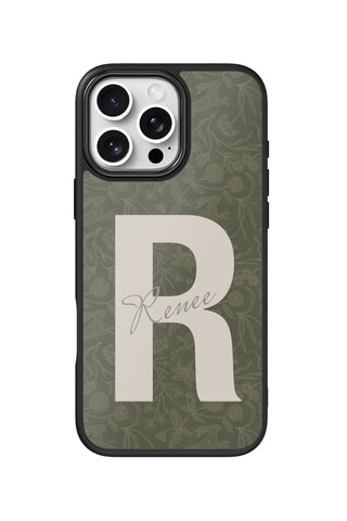Flat lay view of personalized forest aesthetic monogram design on custom iPhone 16 Pro Max case by MultiCustomize