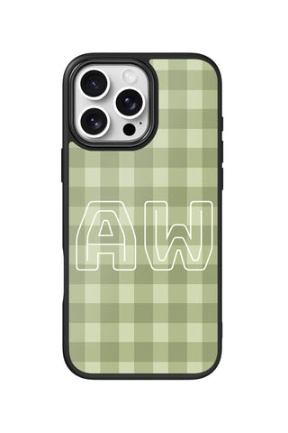 Flat lay view of personalized green gingham monogram design on custom iPhone 16 Pro Max case by MultiCustomize
