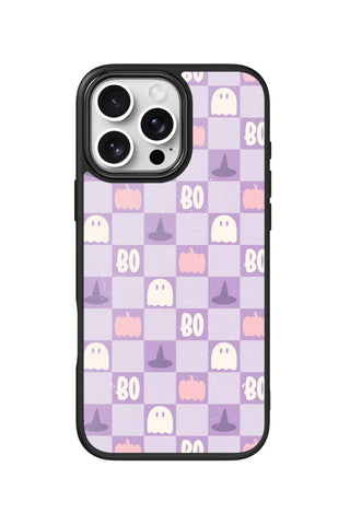 Flat lay view of personalized halloween ghost grid monogram design on custom iPhone 16 Pro Max case by MultiCustomize