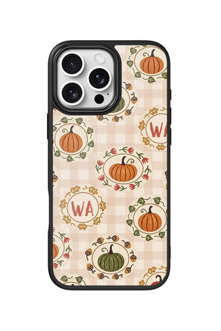 Flat lay view of personalized halloween pumpkin plates monogram design on custom iPhone 16 Pro Max case by MultiCustomize