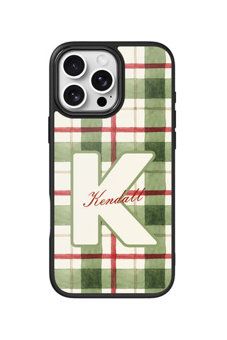 Flat lay view of personalized holiday sage tartan monogram design on custom iPhone 16 Pro Max case by MultiCustomize