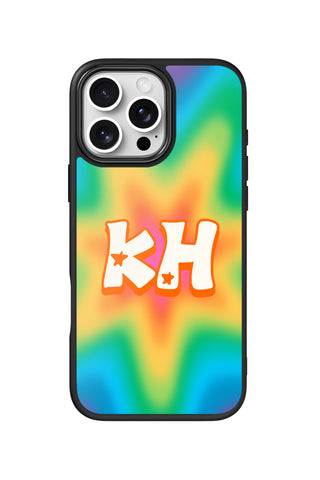 Flat lay view of personalized liquid rainbow monogram design on custom iPhone 16 Pro Max case by MultiCustomize