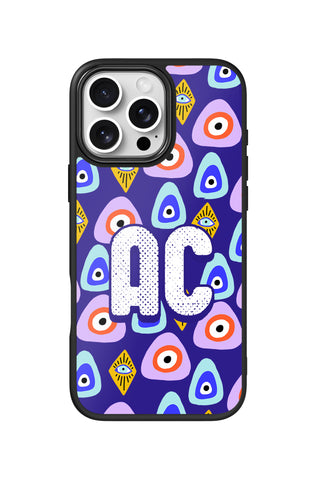 Flat lay view of personalized lucky gaze monogram design on custom iPhone 16 Pro Max case by MultiCustomize