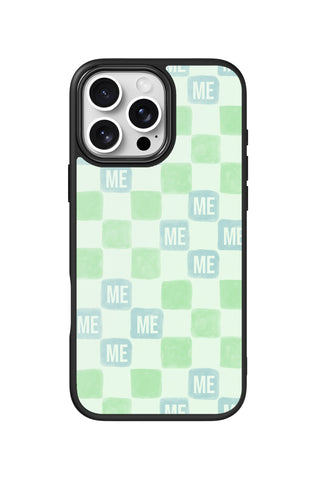 Flat lay view of personalized mint watercolor tiles monogram design on custom iPhone 16 Pro Max case by MultiCustomize