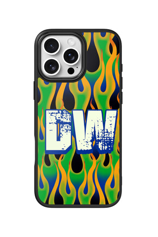 Flat lay view of personalized neon blaze monogram design on custom iPhone 16 Pro Max case by MultiCustomize