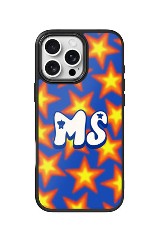 Flat lay view of personalized neon stars monogram design on custom iPhone 16 Pro Max case by MultiCustomize
