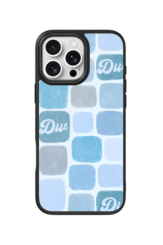 Flat lay view of personalized ocean pebble grid monogram design on custom iPhone 16 Pro Max case by MultiCustomize