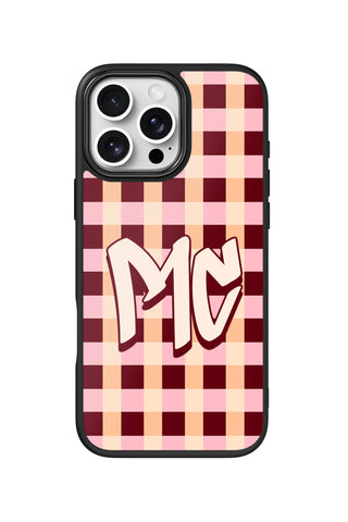 Flat lay view of personalized peach plaid monogram design on custom iPhone 16 Pro Max case by MultiCustomize
