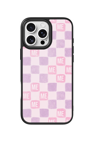 Flat lay view of personalized pink lavender tiles monogram design on custom iPhone 16 Pro Max case by MultiCustomize