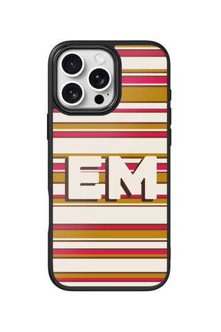 Flat lay view of personalized retro horizontal stripes monogram design on custom iPhone 16 Pro Max case by MultiCustomize