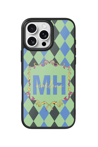 Flat lay view of personalized retro prep monogram design on custom iPhone 16 Pro Max case by MultiCustomize