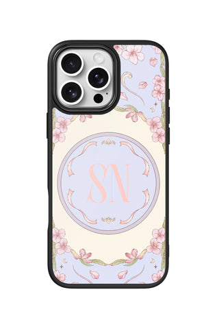 Flat lay view of personalized romantic blossom monogramdesign on custom iPhone 16 Pro Max case by MultiCustomize