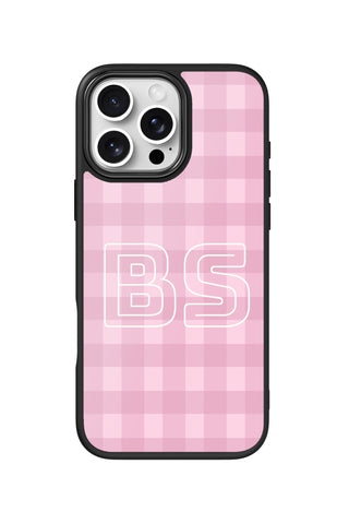 Flat lay view of personalized rose gingham monogram design on custom iPhone 16 Pro Max case by MultiCustomize