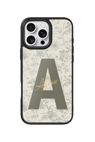 Flat lay view of personalized sage bloom monogram design on custom iPhone 16 Pro Max case by MultiCustomize